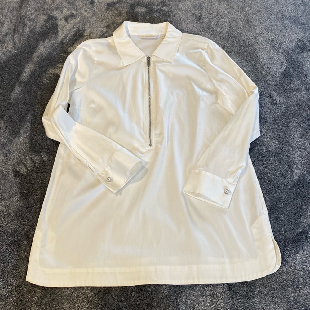 Soft Surroundings Womens Tunic Top Size Small White Pearl Cuffs Zip Stretch